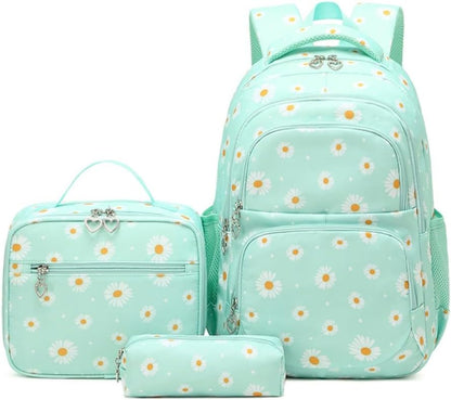 3Pcs Daisy Prints Backpack for Girls Bookbag set Primary School Daypack Elementary Students Knapsack with Lunch Box - PuriLite
