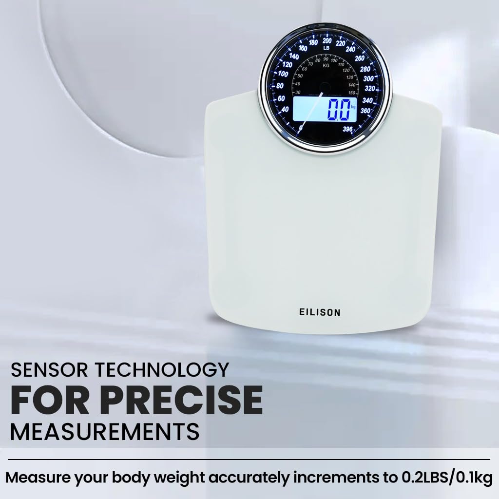 EILISON Highly Advance 2-in-1 Digital & Analog Weighing Scale for Body Weight-400lbs, 4 High Precison GX Sensor Accurate, Thick Tempered Glass, Extra Large Display (White) - PuriLite