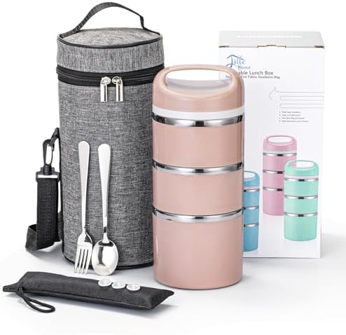 Lille Home Stackable Stainless Steel Thermal Compartment Lunch/Snack Box, 3-Tier Insulated Bento/Food Container with Lunch Bag, Cutlery Set and 3 Extra Seals, 43OZ (Gray) - PuriLite