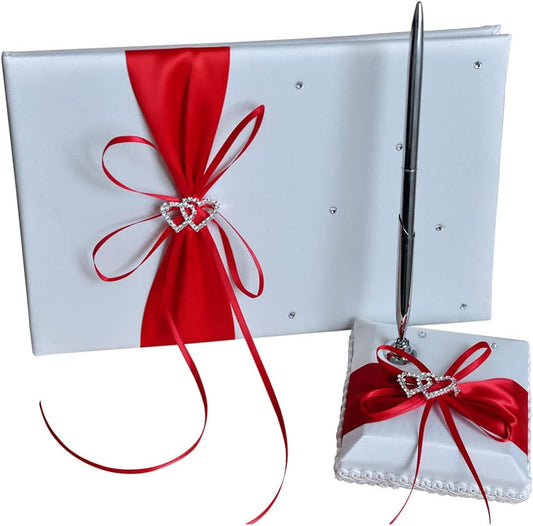 Gigicloud Wedding Guest Book Set, Ribbon Bow Wedding Guest Signature Book with Pen Holder Bowknot Wedding Memory Book Wedding Registry Guestbook for Baby Bridal Shower Wedding Party - PuriLite