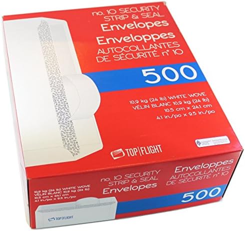 Top Flight PSTF10NWT #10 Envelopes, Strip & Seal, Security Tinted, White Paper, 24 lb, 500 Count - PuriLite