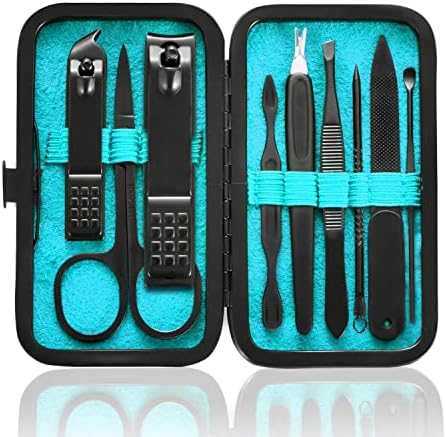 Manicure Set 9 in 1 Stainless Steel, Nail Clippers Scissors Pedicure Tools Kit - Portable Travel Grooming Kit for Men and Women with Black/Red Leather Case (Blue) - PuriLite