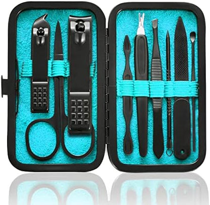 Manicure Set 9 in 1 Stainless Steel, Nail Clippers Scissors Pedicure Tools Kit - Portable Travel Grooming Kit for Men and Women with Black/Red Leather Case (Blue) - PuriLite