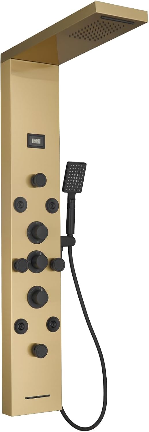 Bathfinesse Shower Tower Bathroom Shower Panel System Rain Massage System 6 in 1 Body Spray Jets Shower Wall Panels Rainfall Waterfall Shower Head Tub Spout with Temperature Display,Matte Black - PuriLite