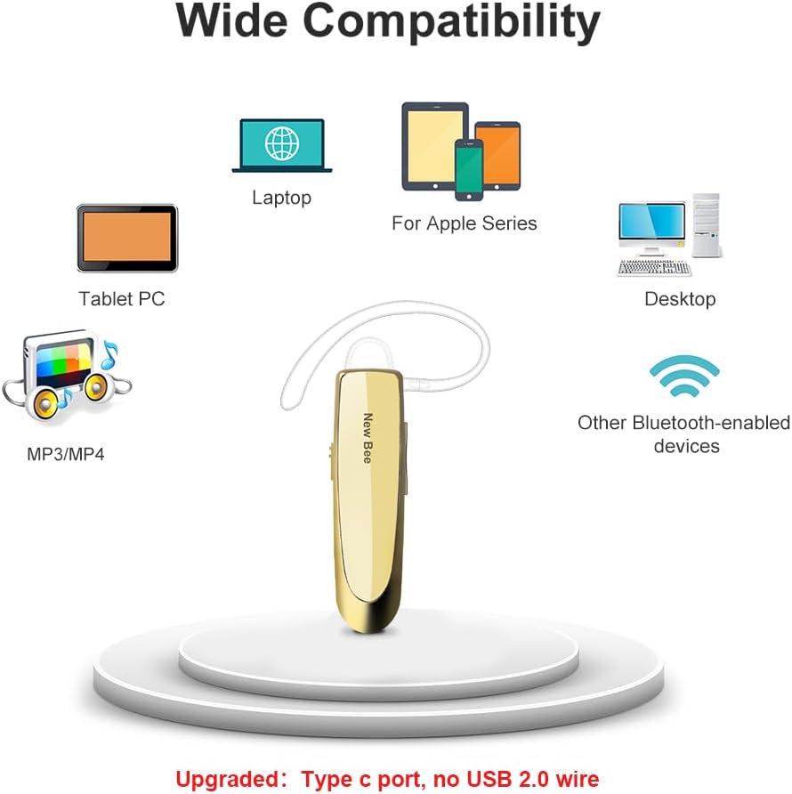 Bluetooth Headset New Bee 24Hrs V5.0 Bluetooth Earpiece Wireless Handsfree Driving Headset with Noise Canceling Mic Headset Case for iPhone Samsung Android Mobile Cell Phone Tablets Office - PuriLite
