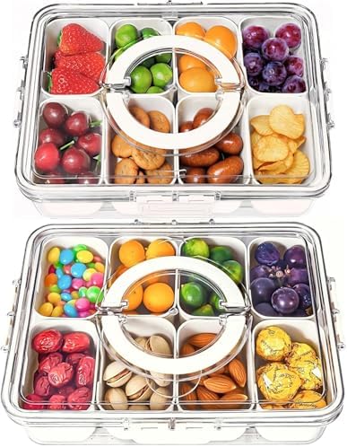 KIGITIONE Snackle Box, Pink 8 Compartments Portable Serving Tray, Divided Snackle Box Container with Lid and Handle, Snack Organizer for Fruits, Snacks, Nuts, Candy, Ideal for Party, Travel & Picnics - PuriLite