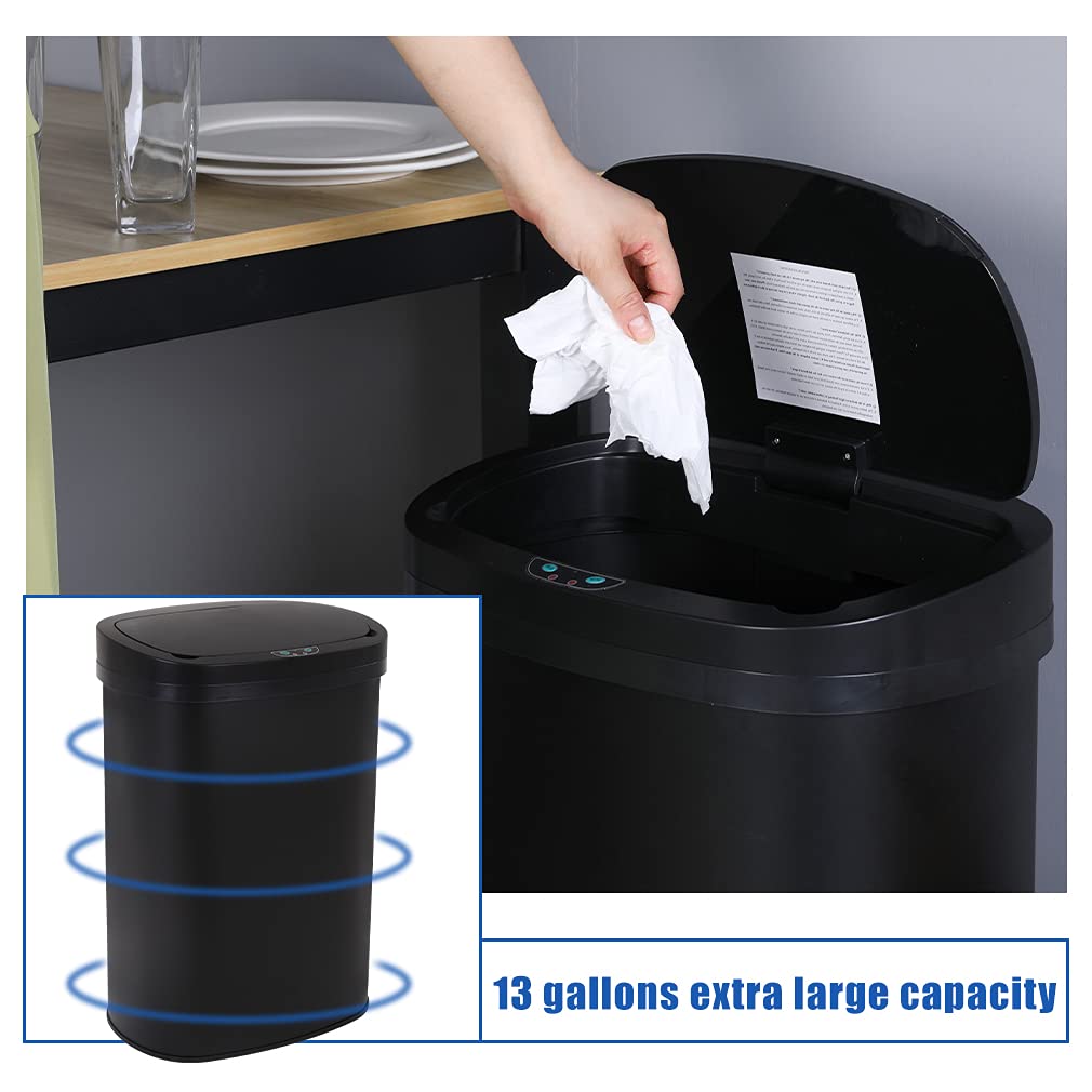 13 Gallon 50 Liter Garbage Can Kitchen Trash Can with Lid Automatic Sensor Touch Free Stainless Steel Waste Bin for Bathroom Bedroom Home Office,Black - PuriLite