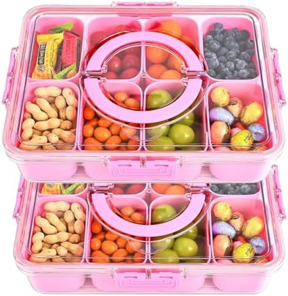 KIGITIONE Snackle Box, Pink 8 Compartments Portable Serving Tray, Divided Snackle Box Container with Lid and Handle, Snack Organizer for Fruits, Snacks, Nuts, Candy, Ideal for Party, Travel & Picnics - PuriLite