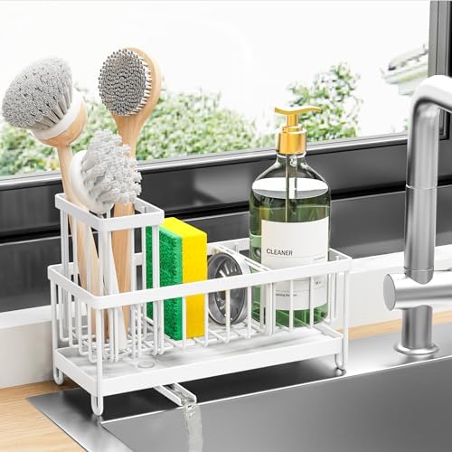 Cisily Sponge Holder for Kitchen Sink, Sink Caddy with High Brush Holder, Organzier Rustproof 304 Stainless Steel Dish Organizer Divider, Soap Dispenser Storage (Black) - PuriLite
