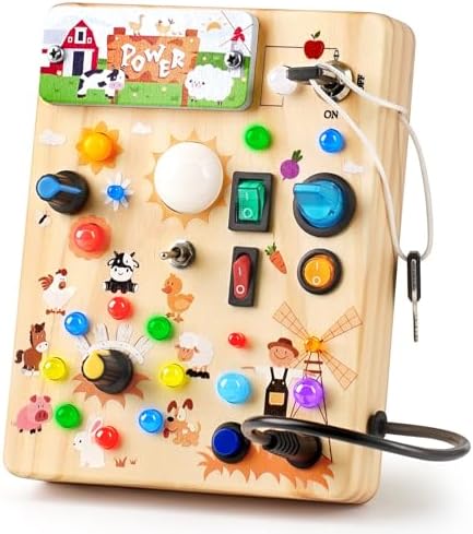 Joyreal Montessori Busy Board Wooden Sensory Toys for Toddler with LED Light Up Switch, Baby Fidget Board Travel Toys for 18+ Months, Boys Girls Birthday - PuriLite