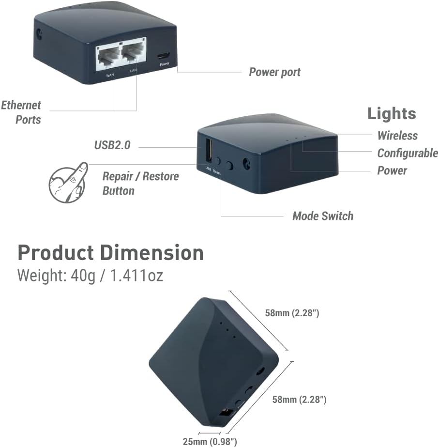GL.iNet GL-AR300M16 Portable Mini Travel Wireless Pocket Router - WiFi Router/Access Point/Extender/WDS | OpenWrt | 2 x Ethernet Ports | OpenVPN/Wireguard VPN | USB 2.0 Port - PuriLite