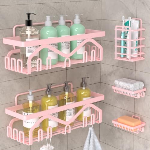 Coraje Adhesive Shower Caddy, 5-Pack Shower Shelves, Large Capacity Load Bearing 40 LBS Shower Organizer, No Drilling Shower Shelf, Rustproof Stainless Steel Bathroom Shower Storage, Black - PuriLite