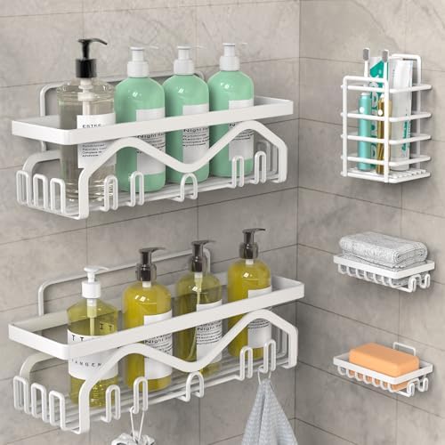 Coraje Adhesive Shower Caddy, 5-Pack Shower Shelves, Large Capacity Load Bearing 40 LBS Shower Organizer, No Drilling Shower Shelf, Rustproof Stainless Steel Bathroom Shower Storage, Black - PuriLite