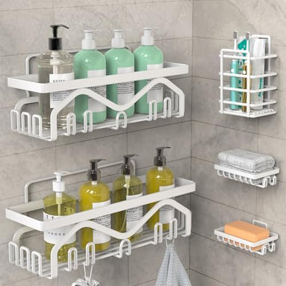 Coraje Adhesive Shower Caddy, 5-Pack Shower Shelves, Large Capacity Load Bearing 40 LBS Shower Organizer, No Drilling Shower Shelf, Rustproof Stainless Steel Bathroom Shower Storage, Black - PuriLite