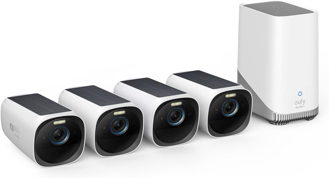 eufy Security eufyCam S330 (eufyCam 3) 4-Cam Kit, Security Camera Outdoor Wireless, 4K with Integrated Solar Panel, Face Recognition AI, Expandable Local Storage, Spotlight, No Monthly Fee - PuriLite