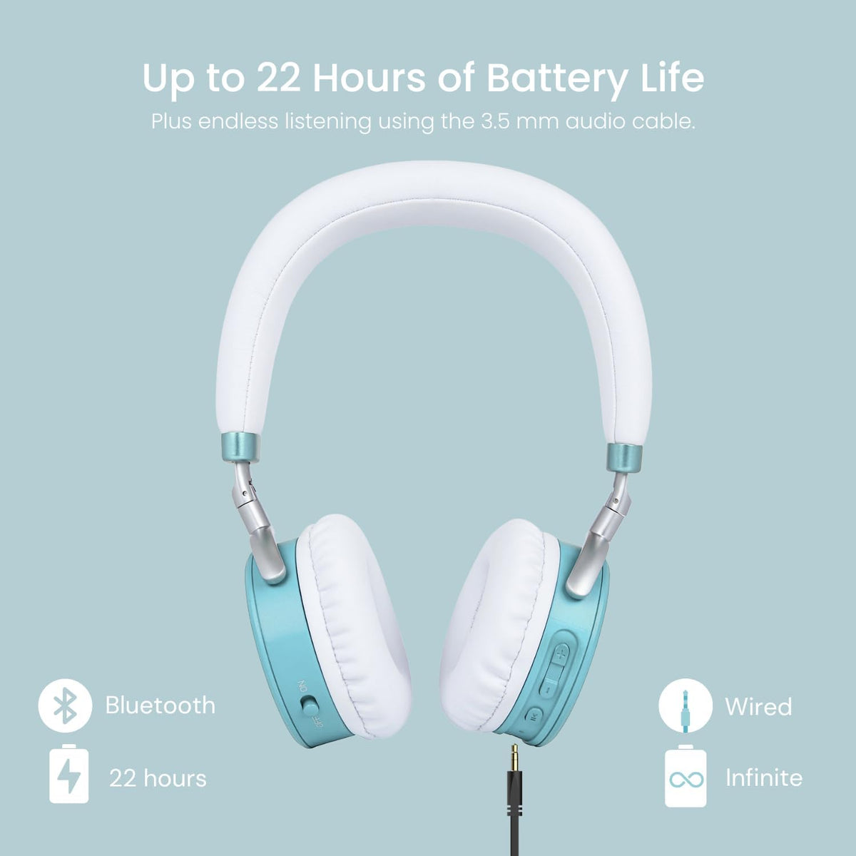 JuniorJam Plus Volume Limiting Headphones for Kids, Foldable & Adjustable Bluetooth Headphones, 22-Hour Battery Life USB-C Charging (Black) - PuriLite