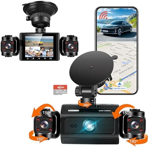 3 Channel Dash Cam WiFi FHD 2K Car Camera with 64GB Card, WIZACE 270° Front Dash Camera Front and Inside Left Right for Cars, Mini Dashcams with Night Vision,Loop Recording,WDR,G-Sensor, APP - PuriLite