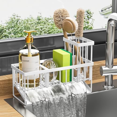 Cisily Kitchen Sink Caddy Organzier with High Brush Holder, Sponge Holder for Sink, 304 Rustproof Stainless, Kitchen Countertop Soap Dispenser Organizer, Kitchen Decor and Accessories (Black) - PuriLite