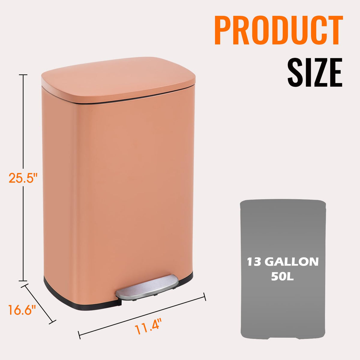 13 Gallon/50 L Garbage Can Kitchen Trash Can with Lid for Office Bedroom Bathroom Step Trash Bin Fingerprint-Proof Brushed Stainless Steel - PuriLite