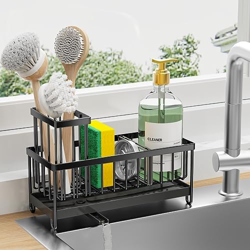 Cisily Sponge Holder for Kitchen Sink, Sink Caddy with High Brush Holder, Organzier Rustproof 304 Stainless Steel Dish Organizer Divider, Soap Dispenser Storage (Black) - PuriLite
