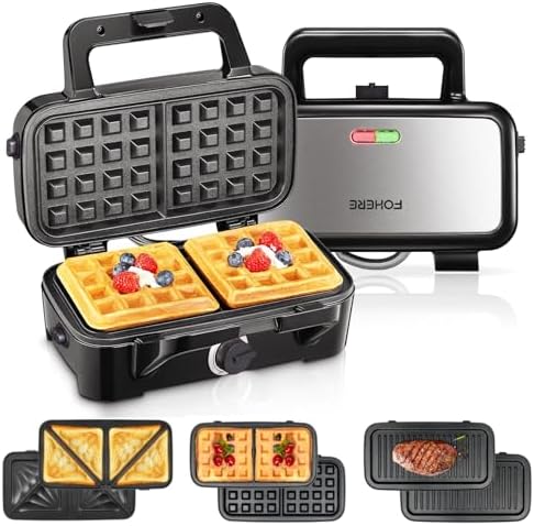 FOHERE 3-in-1 Waffle Maker, Sandwich Maker, Panini Press with Removable Plates, 5-Gear Temperature, LED Indicator Lights, Portable Handle, 1200W Belgian Electric Grill Cheese Machine - PuriLite