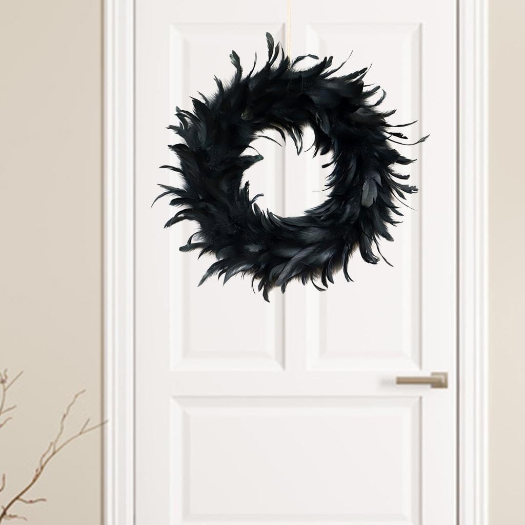 IKEEYUIS Spooky Black Feather Wreath Halloween Cocktail Front Door Hanging Garland Decor - PuriLite