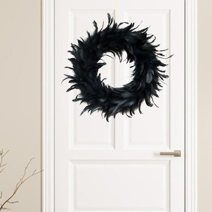 IKEEYUIS Spooky Black Feather Wreath Halloween Cocktail Front Door Hanging Garland Decor - PuriLite