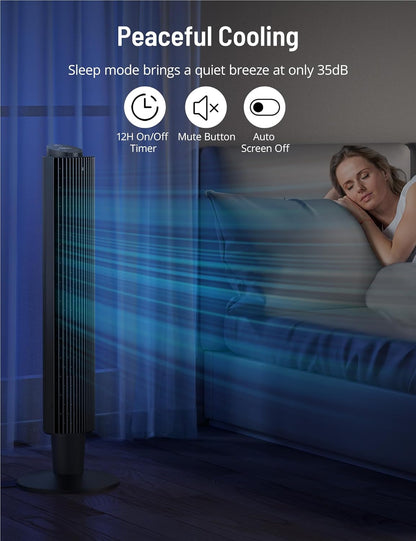 Tower Fan with Remote, 90° Oscillating Quiet Cooling Fan, 42'' or 36'' Height Adjustable, 5 Speeds, Sleep Mode, 12H Timer, Tall Standing Room Fan for Bedroom, Office and Home - PuriLite