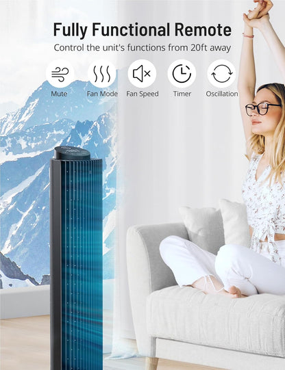 Tower Fan with Remote, 90° Oscillating Quiet Cooling Fan, 42'' or 36'' Height Adjustable, 5 Speeds, Sleep Mode, 12H Timer, Tall Standing Room Fan for Bedroom, Office and Home - PuriLite