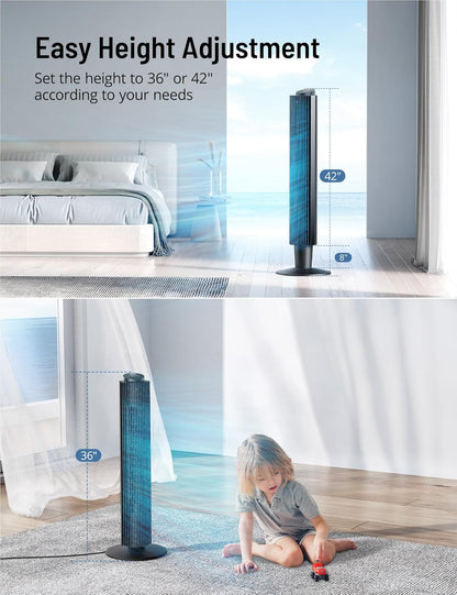 Tower Fan with Remote, 90° Oscillating Quiet Cooling Fan, 42'' or 36'' Height Adjustable, 5 Speeds, Sleep Mode, 12H Timer, Tall Standing Room Fan for Bedroom, Office and Home - PuriLite