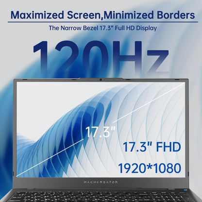 Machenike Machcreator N17A 17.3" Laptop, 17.3" FHD 120Hz Display, 4-Cores Intel Processor, 16GB DDR5 RAM, 512GB PCIe SSD, HDMI, Webcam, Backlit Keyboard, SD Card Reader, Wi-Fi, Windows 11 Home, Grey - PuriLite