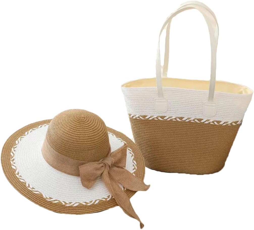 Women's Fashionable Retro Raffia Straw Hat And Tote Bag Set Wide Brim Bow Design Beach Essentials - PuriLite