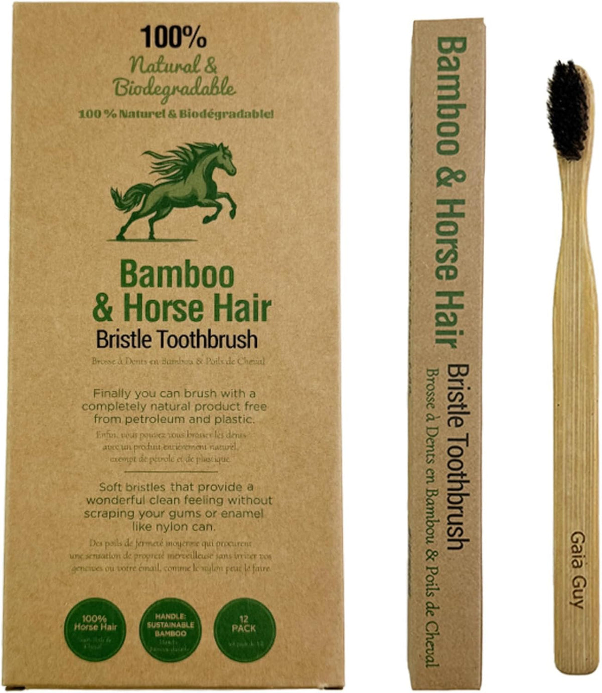 Gaia Guy Soft Natural Bristle Bamboo Toothbrush (NO Nylon - Horse Hair ONLY) - Totally Compostable & Biodegradable Soft Horsehair Bristle and Bamboo Toothbrushes - Zero Waste & Plastic-Free - PuriLite