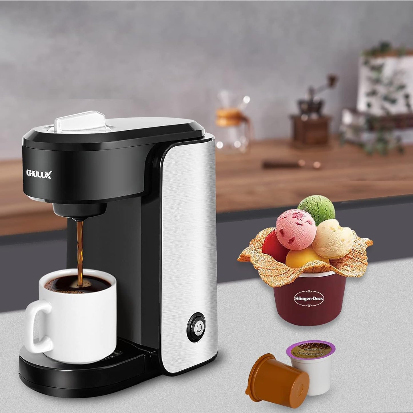 CHULUX Single Serve Coffee Maker, 1000 Watts Single Cup Stainless Steel Coffee Machine for Capsule and Ground Coffee with Graduated Water Tank, One Button Operation - PuriLite