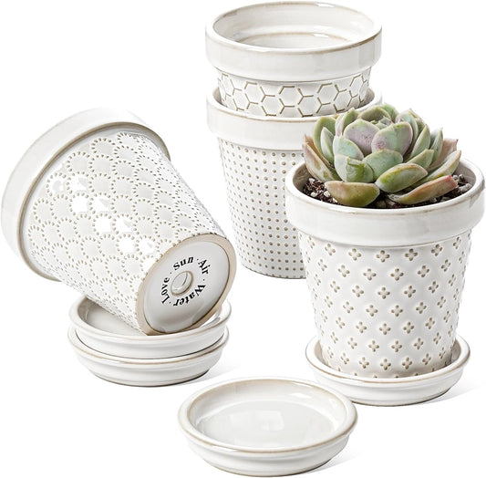 LE TAUCI Plant Pots, 4 Inch Succulent Plant Pots Indoor, Ceramic Small Flower Pots with Drainage & Saucers, Decorative Lovely Planter for Mini Cactus, Set of 4, Arctic White - PuriLite