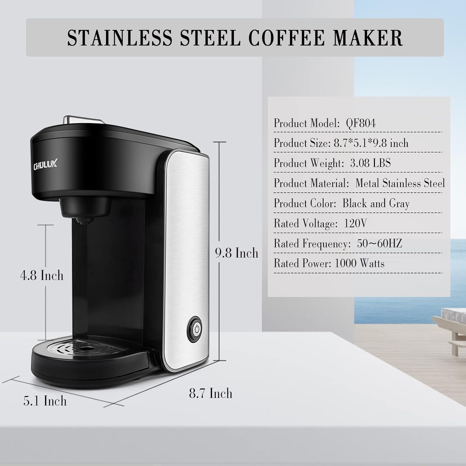 CHULUX Single Serve Coffee Maker, 1000 Watts Single Cup Stainless Steel Coffee Machine for Capsule and Ground Coffee with Graduated Water Tank, One Button Operation - PuriLite