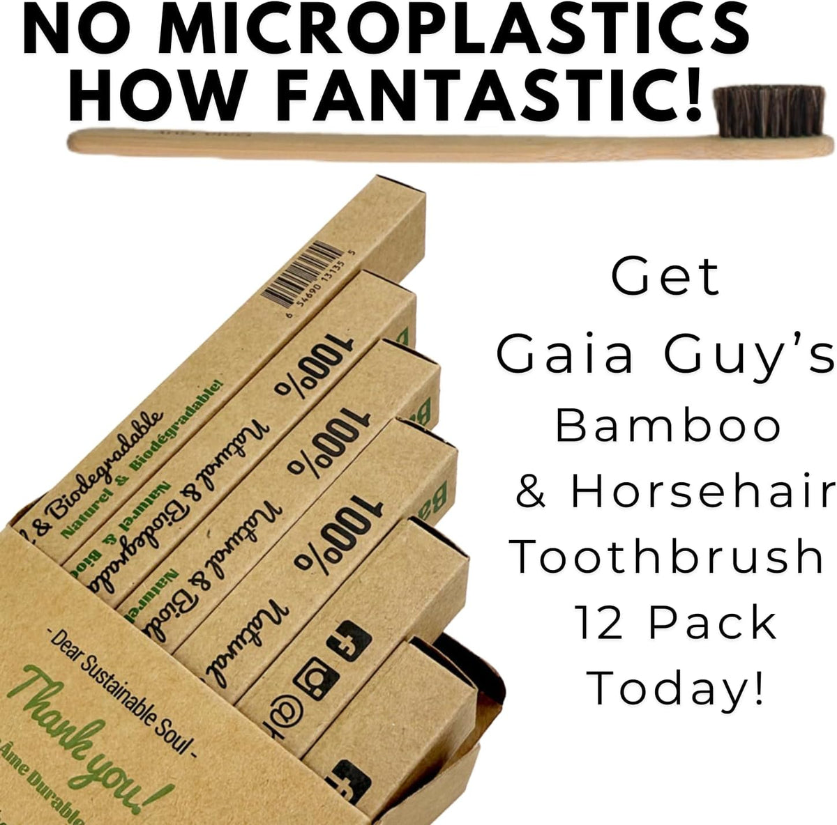 Gaia Guy Soft Natural Bristle Bamboo Toothbrush (NO Nylon - Horse Hair ONLY) - Totally Compostable & Biodegradable Soft Horsehair Bristle and Bamboo Toothbrushes - Zero Waste & Plastic-Free - PuriLite