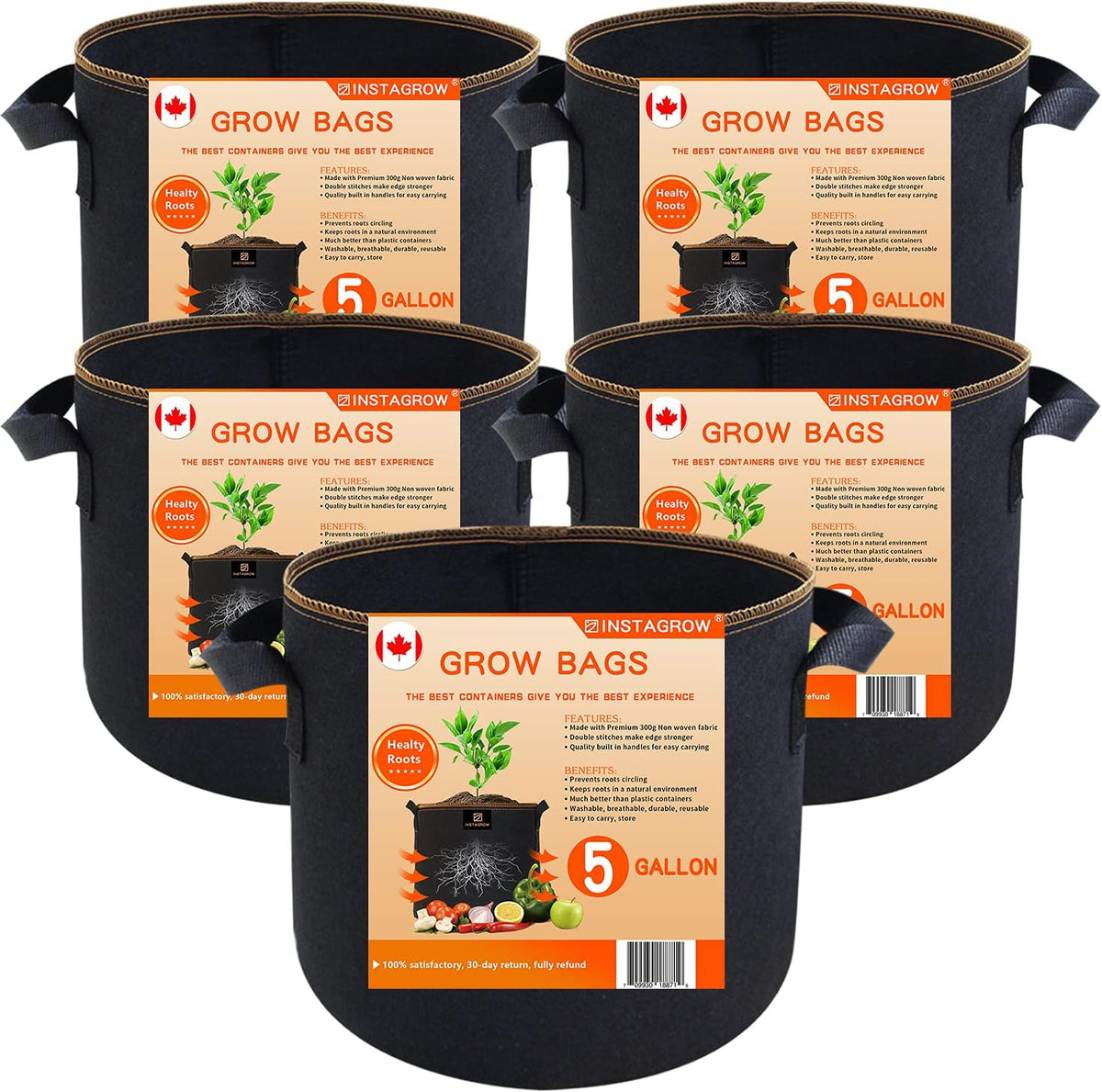 INSTAGROW 5-Pack 5 Gallon Heavy Duty Breathable Thickened Nonwoven Fabric Pots Grow Bags with More Durable Nylon Handles (5 Gallon) - PuriLite