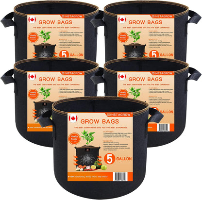 INSTAGROW 5-Pack 5 Gallon Heavy Duty Breathable Thickened Nonwoven Fabric Pots Grow Bags with More Durable Nylon Handles (5 Gallon) - PuriLite