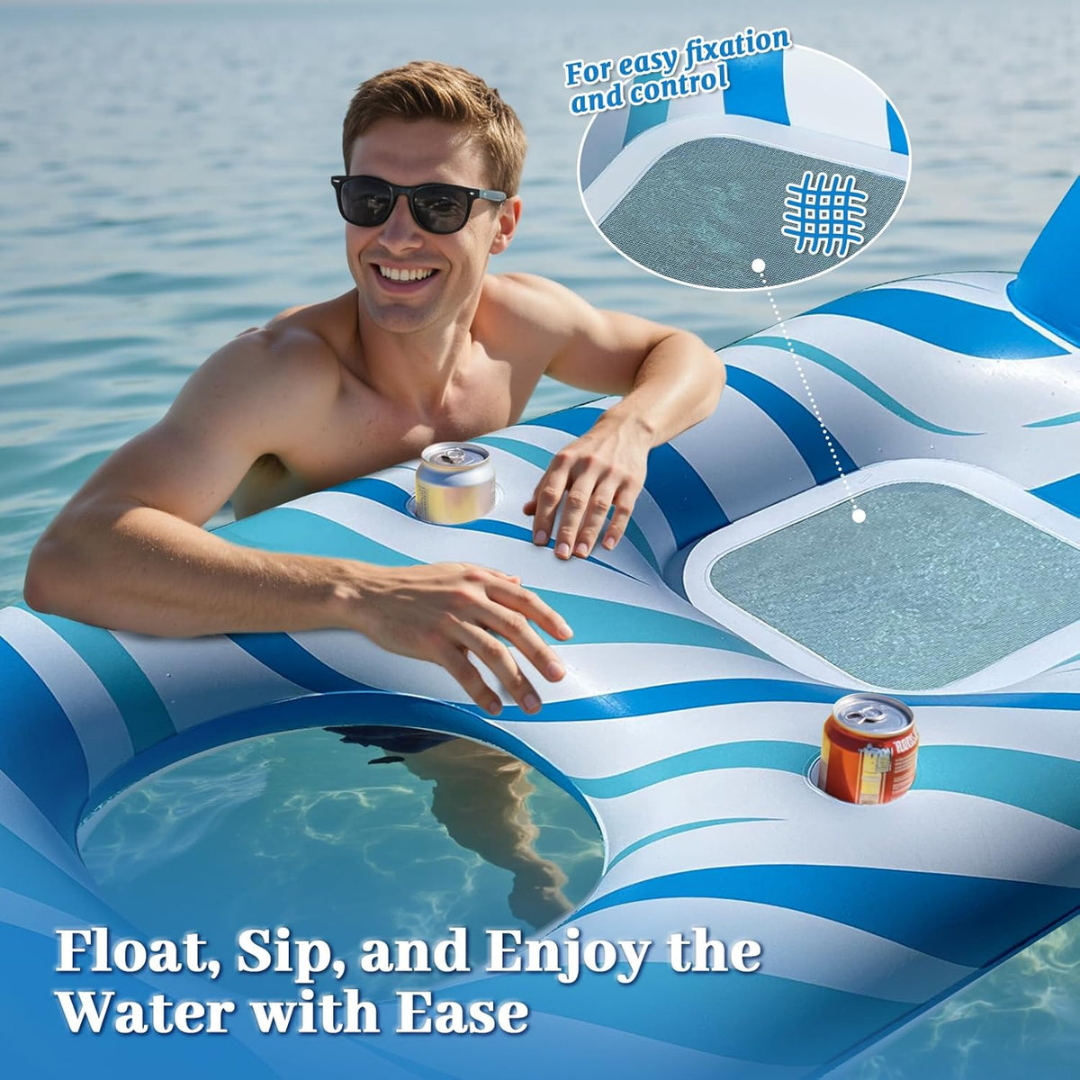 Pool Floats Adult - Inflatable Tanning Pool, Extra Large Pool Floats for Adults Heavy Duty Water Floaty with Backrest, Footrest & Cup Holder for River Lake Floaties Water Floats - PuriLite