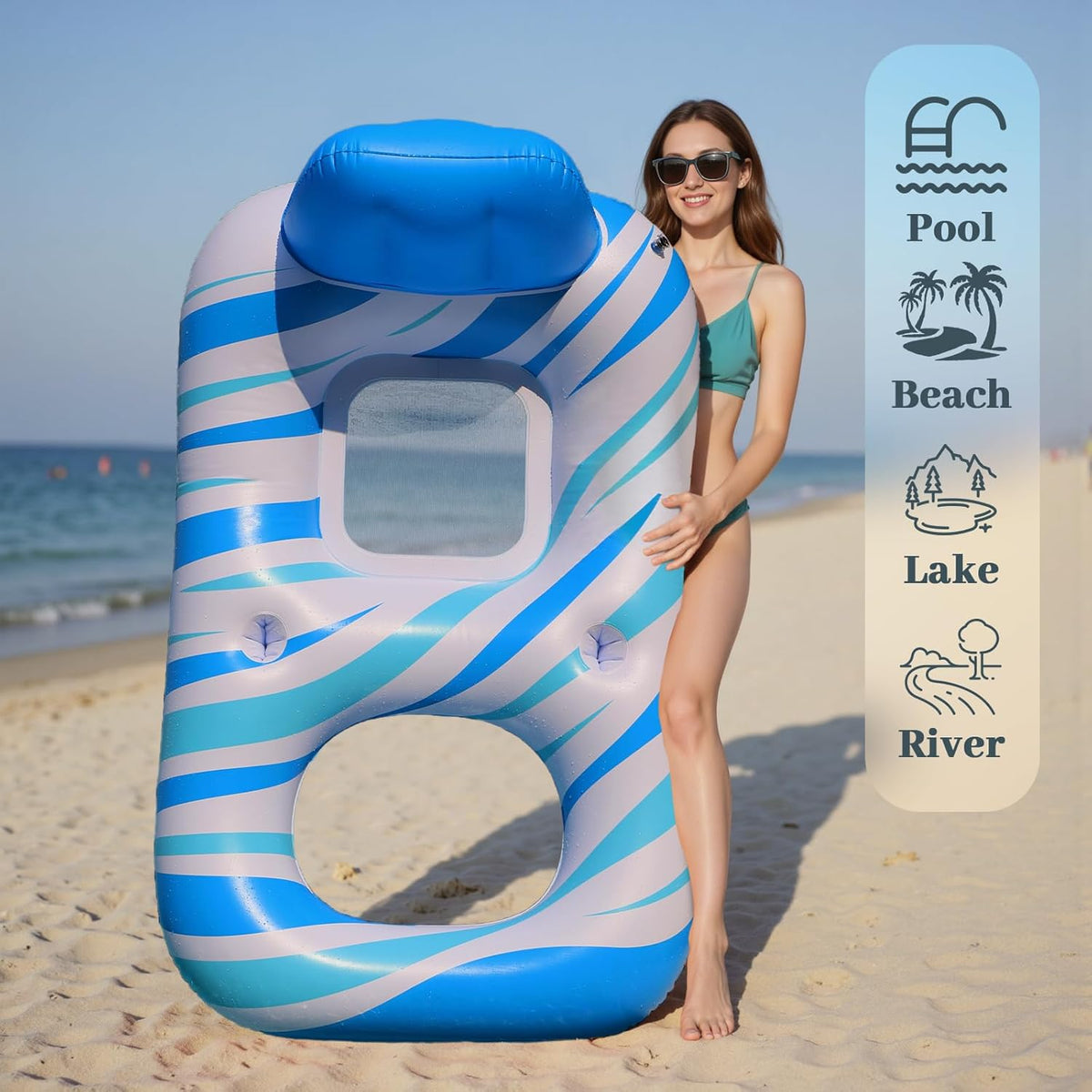 Pool Floats Adult - Inflatable Tanning Pool, Extra Large Pool Floats for Adults Heavy Duty Water Floaty with Backrest, Footrest & Cup Holder for River Lake Floaties Water Floats - PuriLite