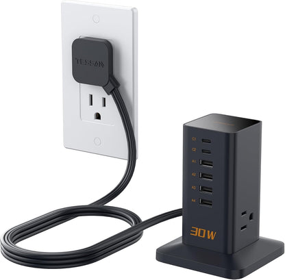 30W Multi-Device Charging Station with 6 USB Ports and 3 AC Outlets, Desktop Power Hub with Extension Cord for Home, Dorm, Office, and Travel - PuriLite