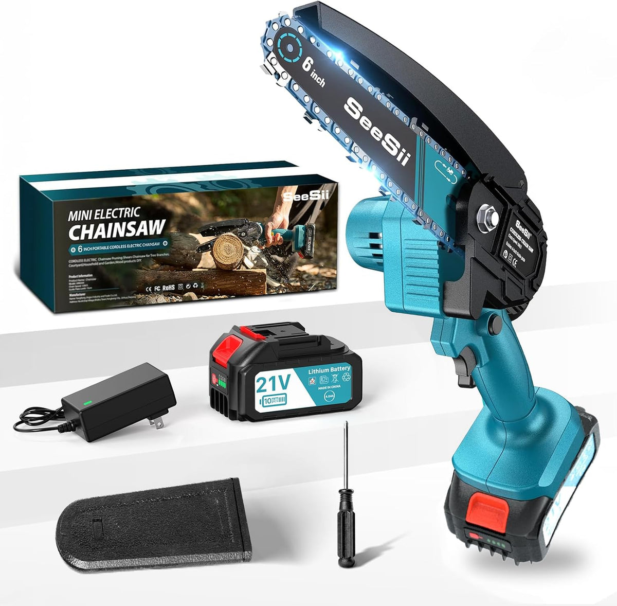 SEESII 6-Inch Mini Chainsaw Cordless – 800W Electric Chainsaw with 4.0Ah Battery – Lightweight Handheld Saw for Branch Cutting, Pruning & Gardening - PuriLite