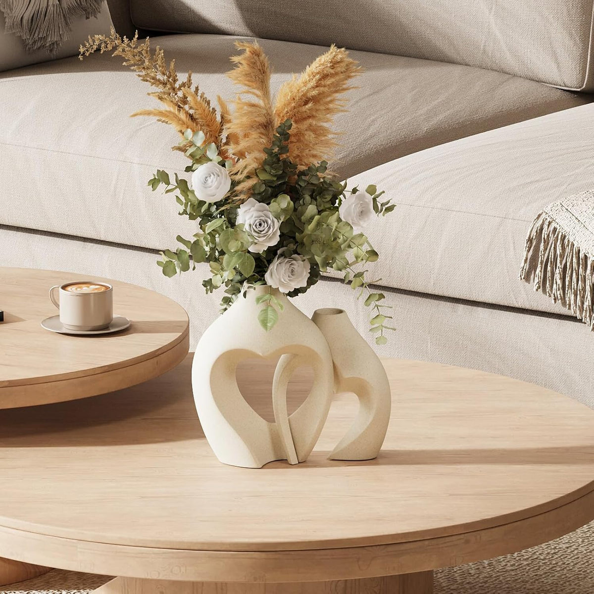 White Hollow Ceramic Vase Set of 2 – Intertwined Heart Design – Modern Nordic Boho Home Décor Flower Vases - PuriLite