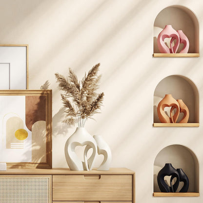 White Hollow Ceramic Vase Set of 2 – Intertwined Heart Design – Modern Nordic Boho Home Décor Flower Vases - PuriLite
