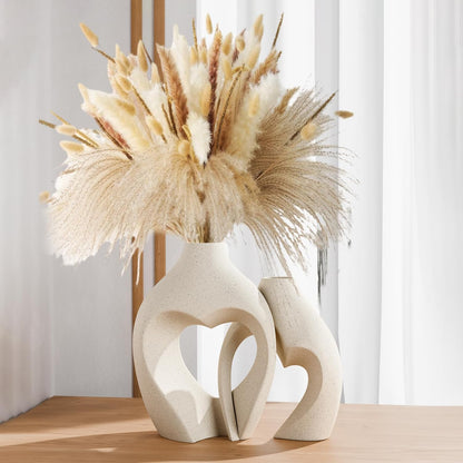 White Hollow Ceramic Vase Set of 2 – Intertwined Heart Design – Modern Nordic Boho Home Décor Flower Vases - PuriLite