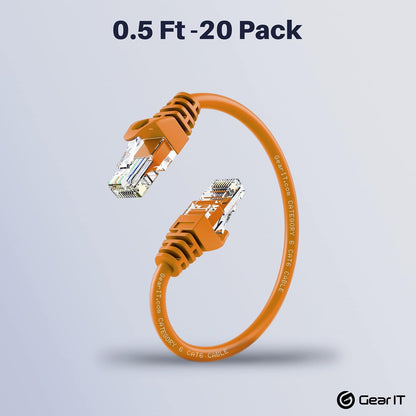 GearIT 20-Pack Cat6 Patch Cable 0.5 Foot / 6 Inches Cat 6 Ethernet Cable Snagless Flexible Soft Tab - Preimum Series - Orange - PuriLite