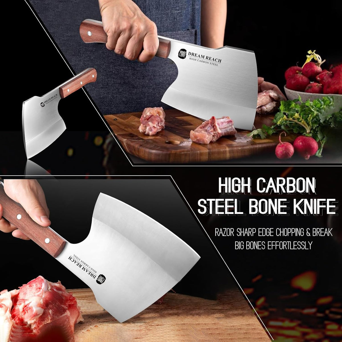 Dream Reach Meat Cleaver Knife Heavy Duty Bone Chopper High Carbon Steel Butcher Axe Bone Cutting Knife Hand Forged Butcher Knife for Kitchen Outdoor BBQ - PuriLite