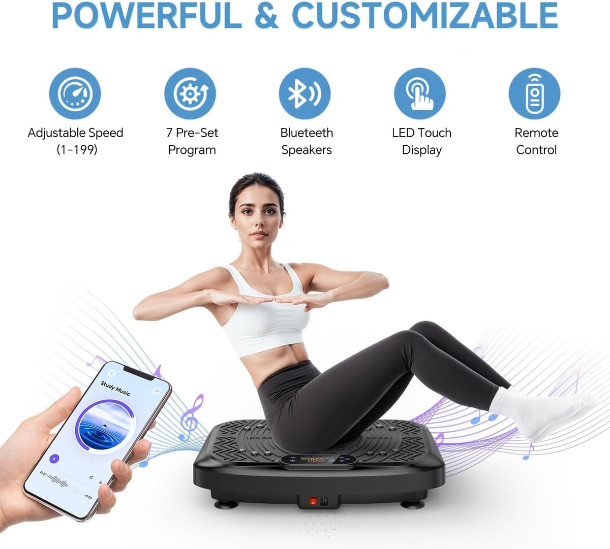 Vibration Plate Exercise Machine – 199-Speed Adjustable Vibration Platform with Bluetooth, LED Display & Resistance Bands – 450 lb Capacity - PuriLite