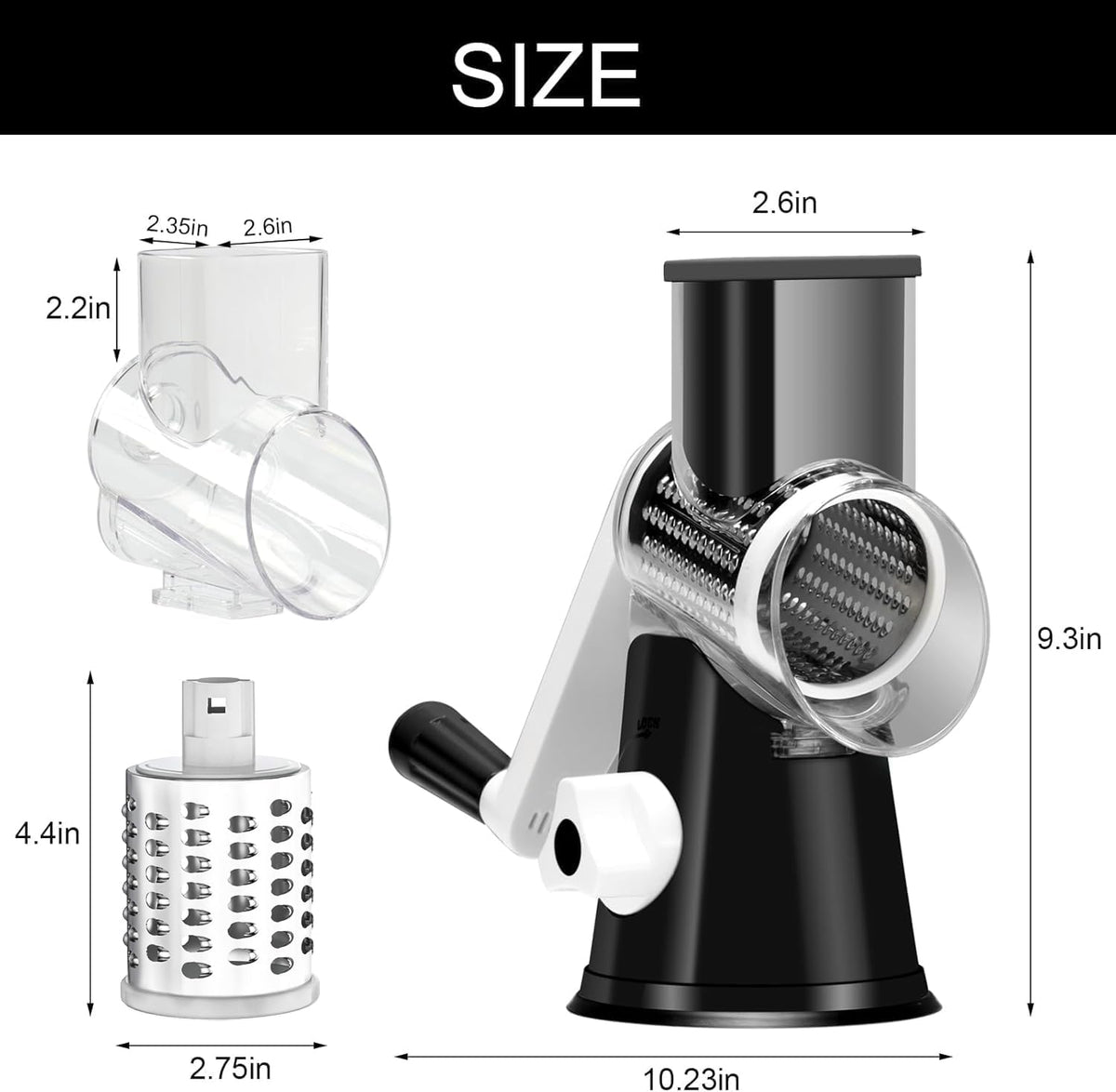 Cambom Rotary Cheese Grater Hand Crank Cheese Shredder for Fresh Cheese, Vegetable, Nuts,Non-Slip Suction Base, Free Cleaning Brush Three Blades, Black